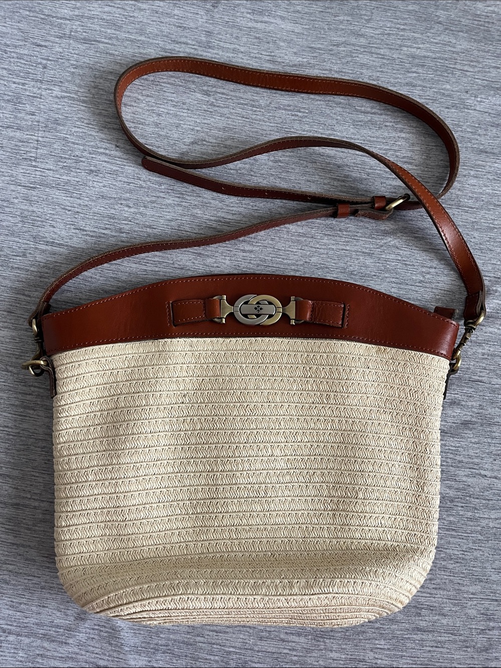 Patricia Nash | Cream Straw Crossbody with Brown Leather Trim